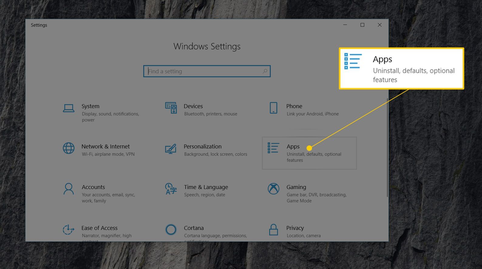 Кнопка «Приложения» в настройках Windows 10