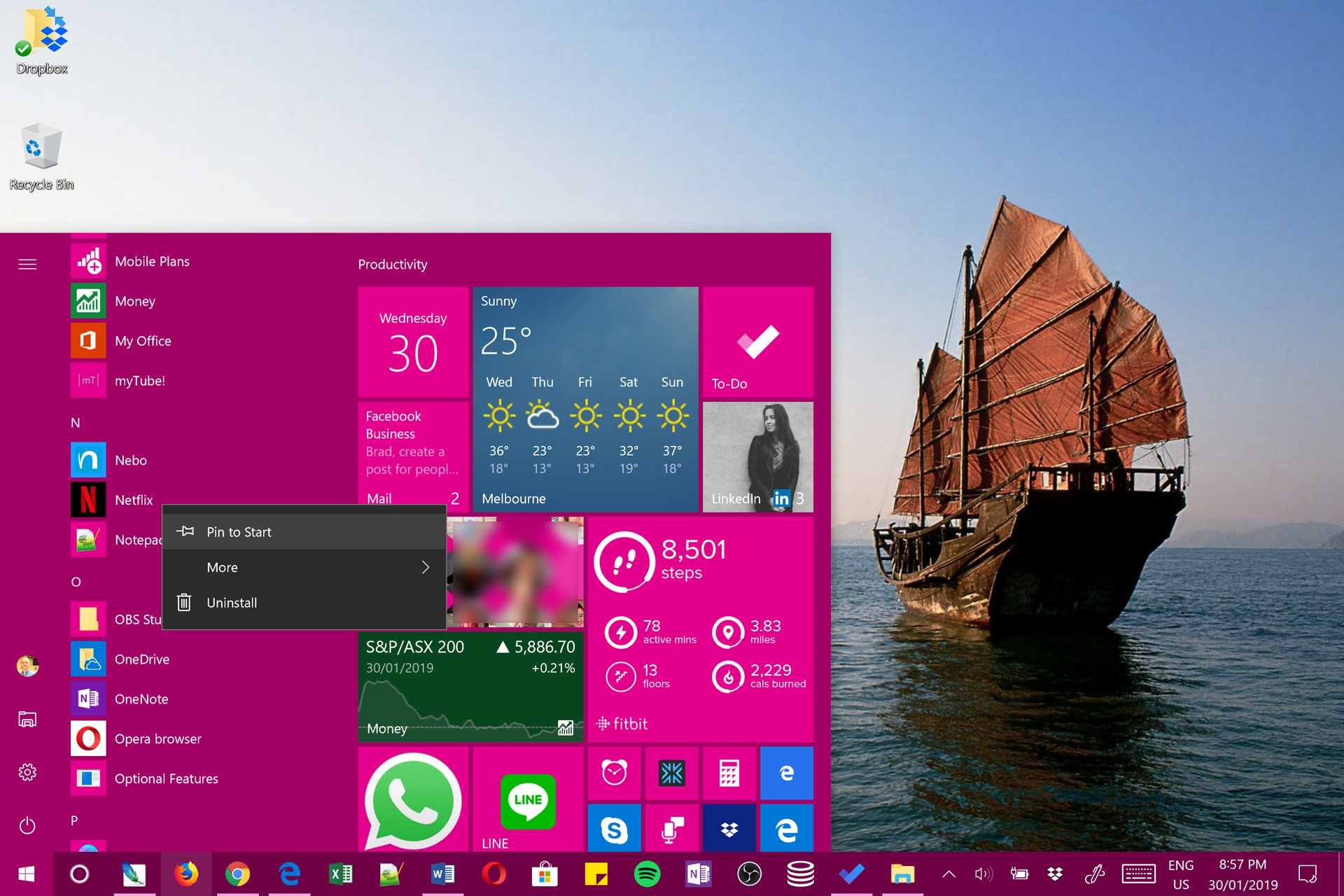 Закрепление приложения Windows 10 в меню «Пуск».