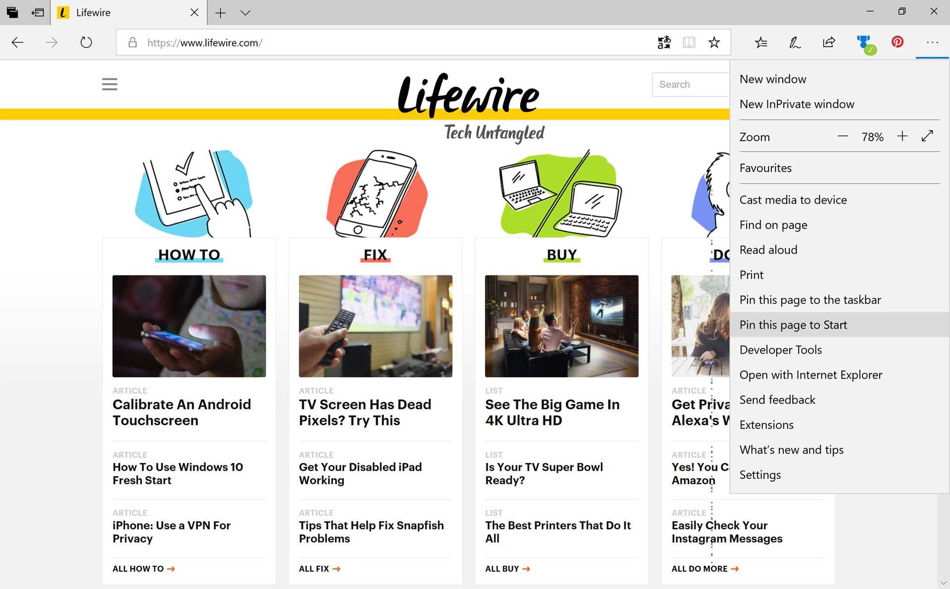 Закрепление веб-сайта Lifewire в меню «Пуск» Windows 10 с помощью браузера Microsoft Edge.