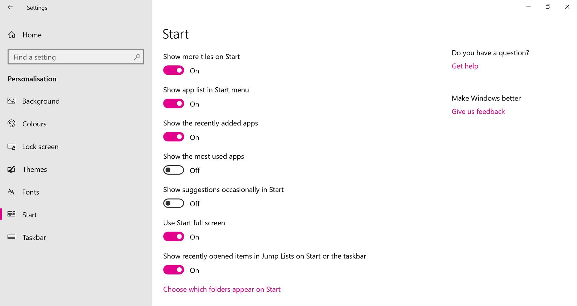 Опция Windows 10 Start Screen в настройках.