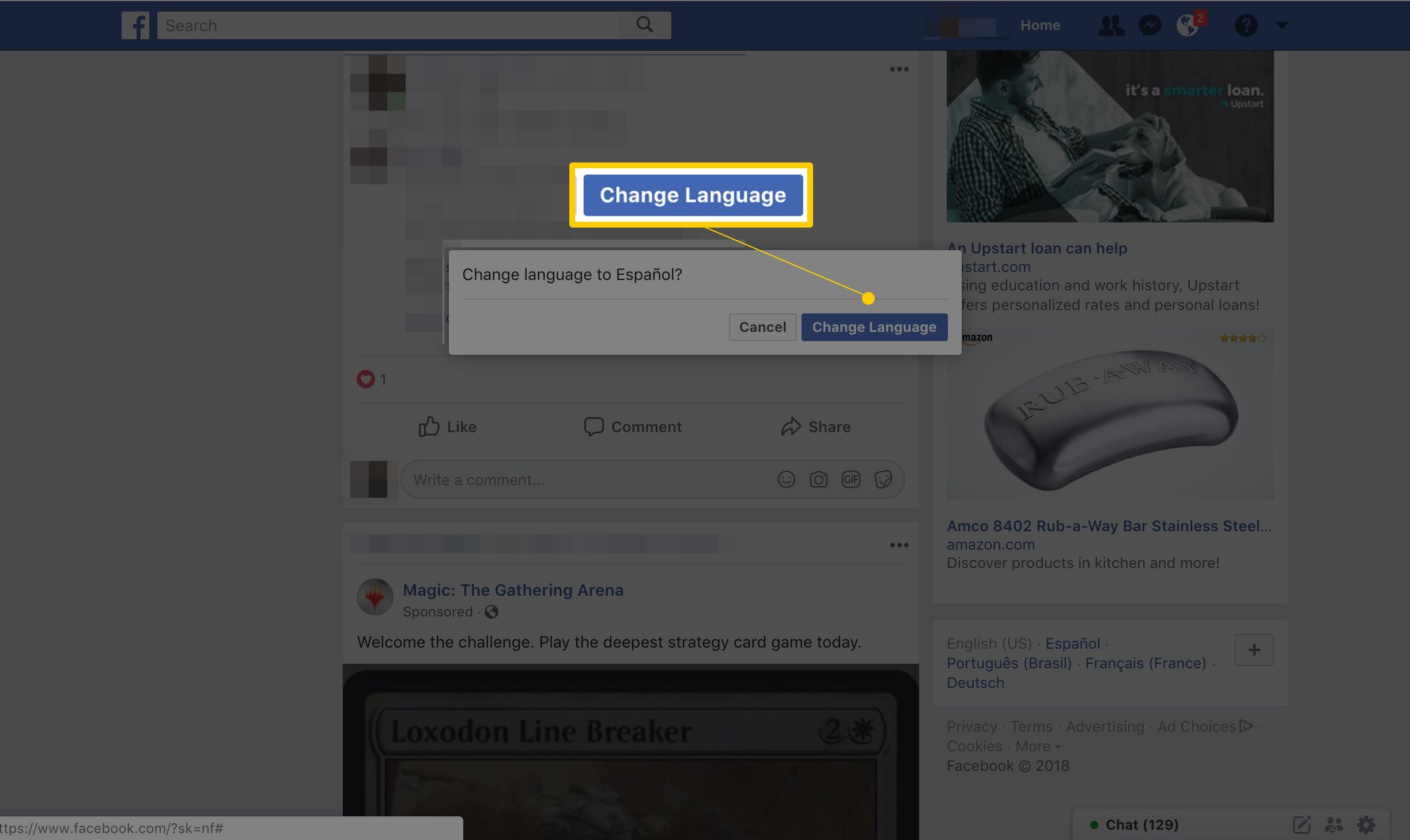 Кнопка подтверждения изменения языка на главной странице Facebook