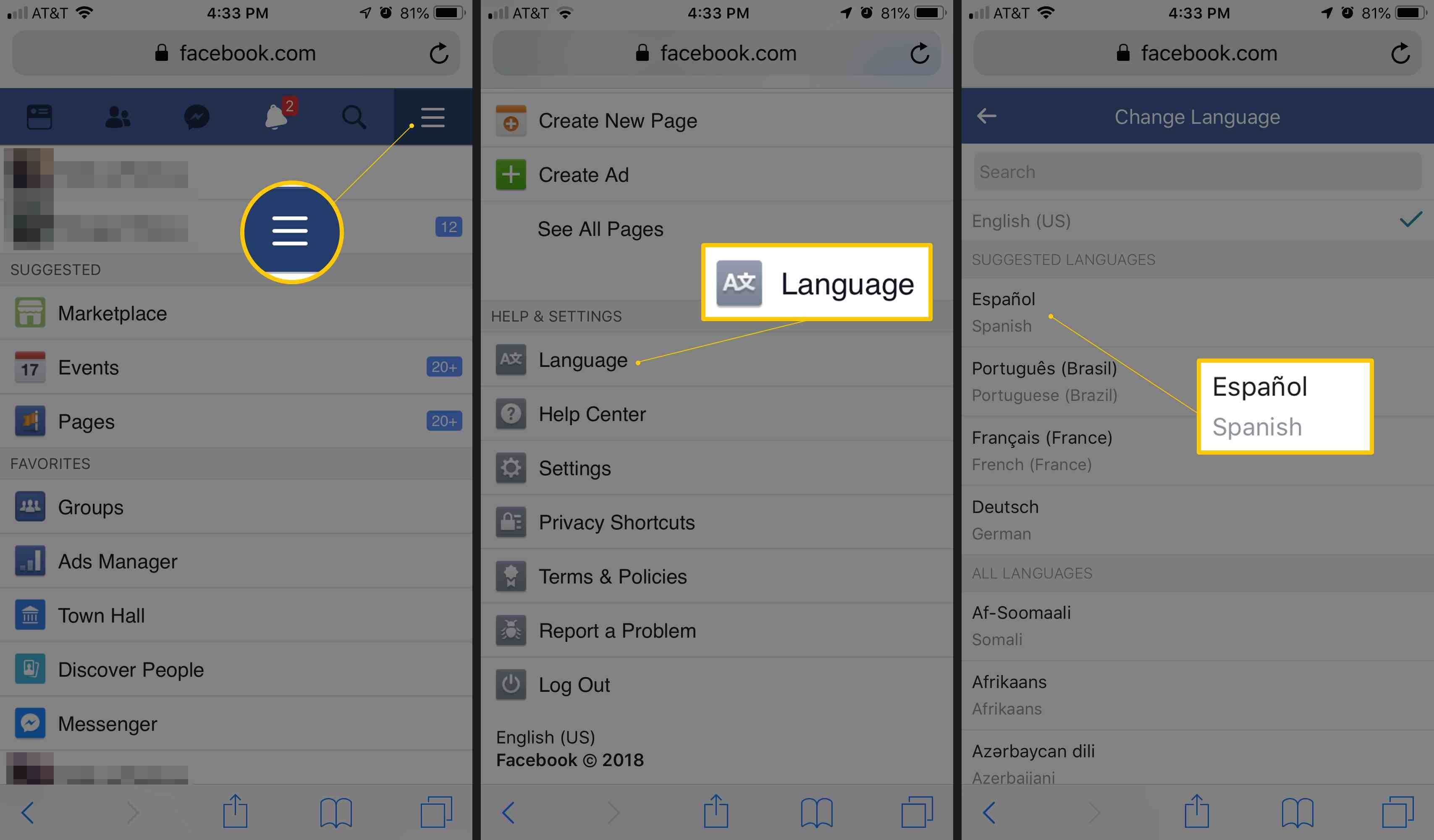 Экраны мобильного веб-сайта Facebook, показывающие кнопки меню, Язык и Español
