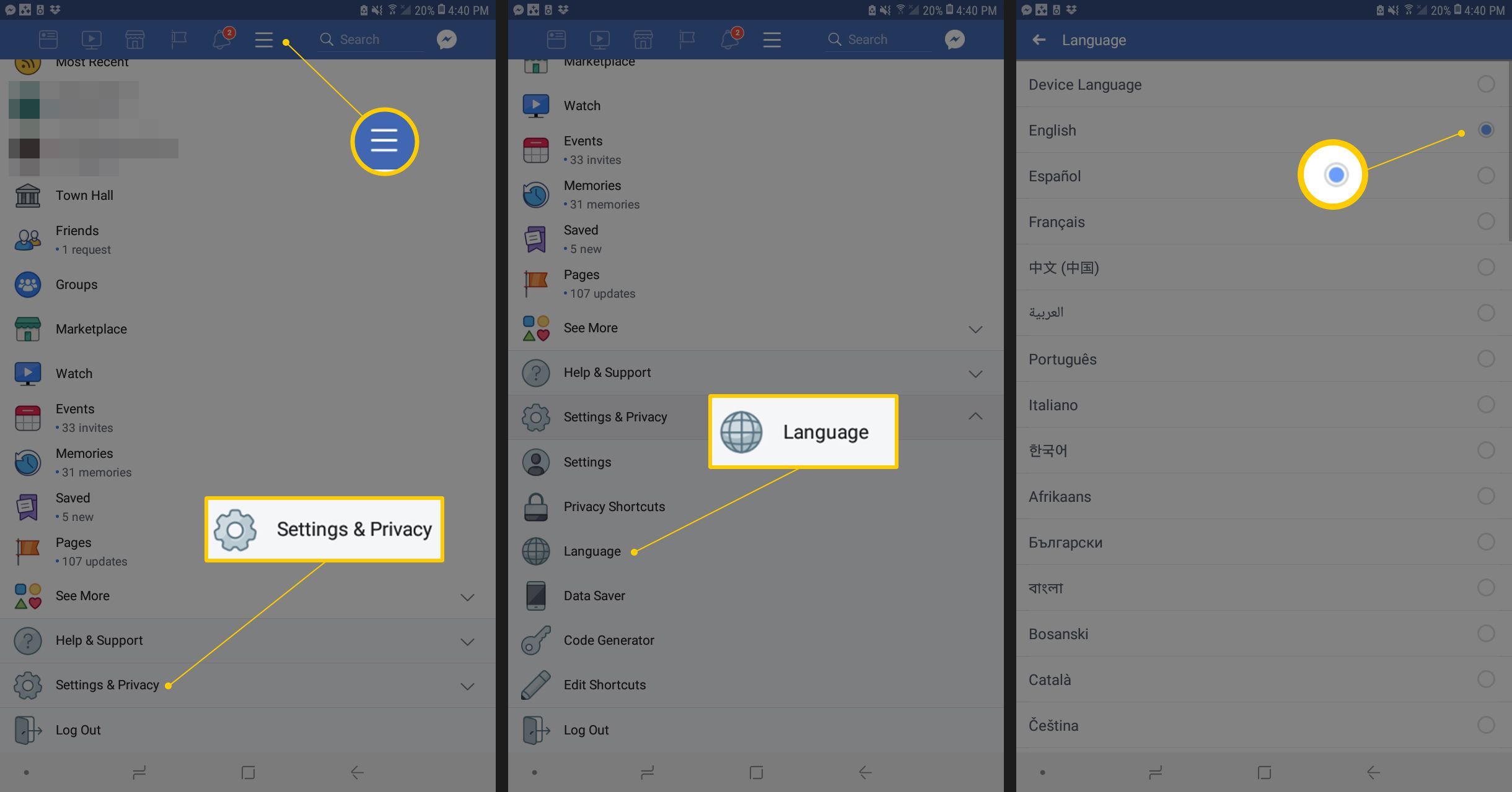 Facebook для экранов Android с переключателями «Настройки и конфиденциальность», «Язык» и «Язык»