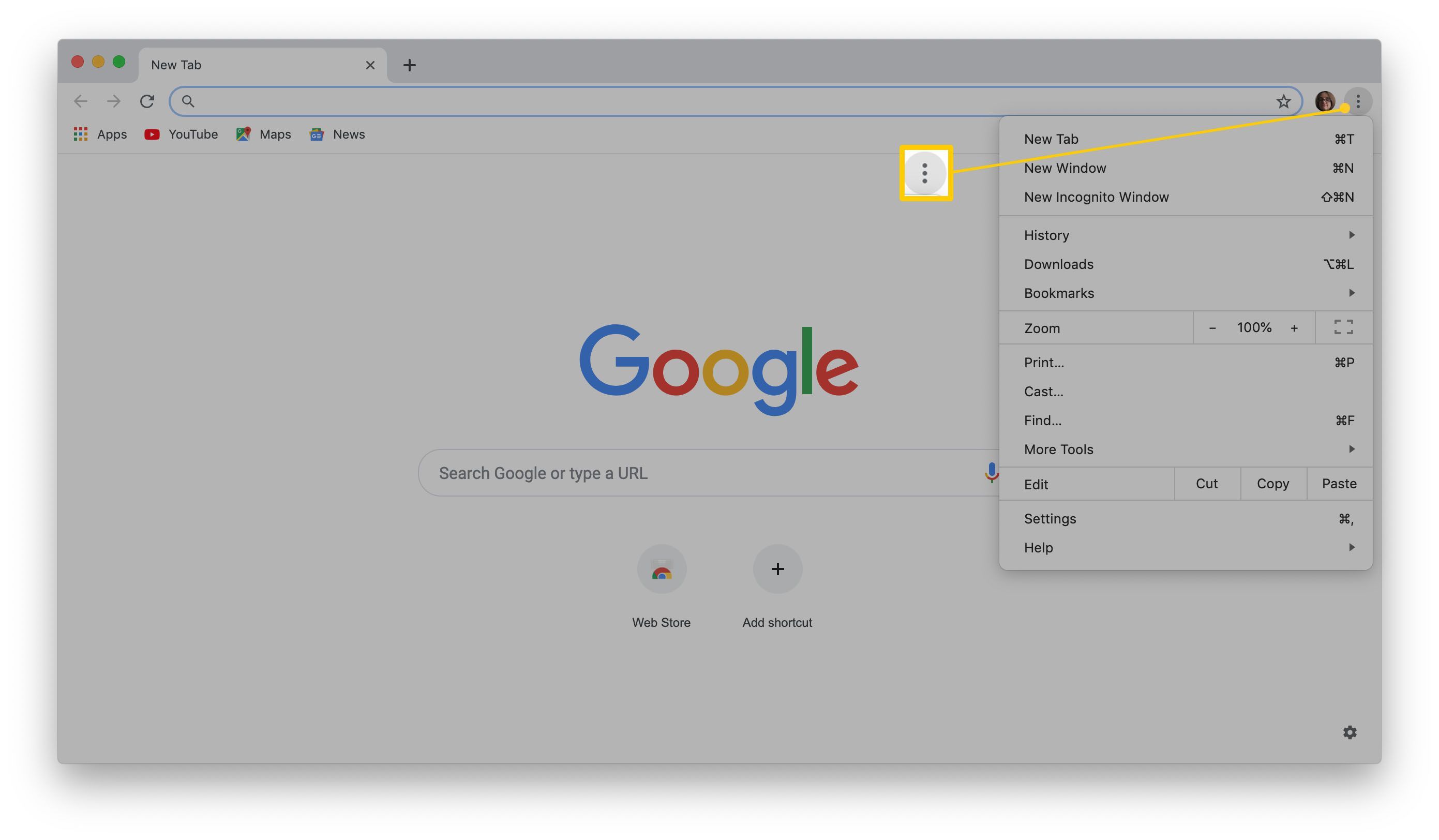 Где найти кнопку настроек в Google Chrome