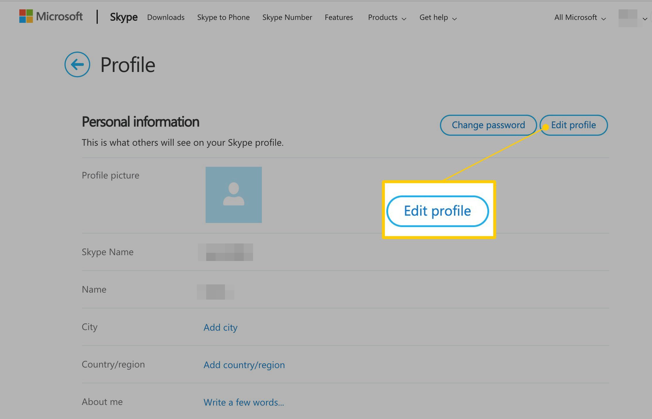 Кнопка Изменить профиль на веб-странице Skype