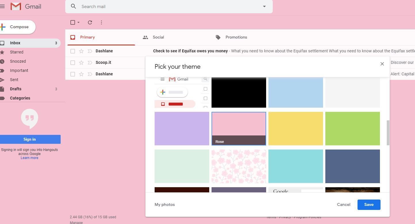 Снимок экрана с цветами и узорами в темах Gmail