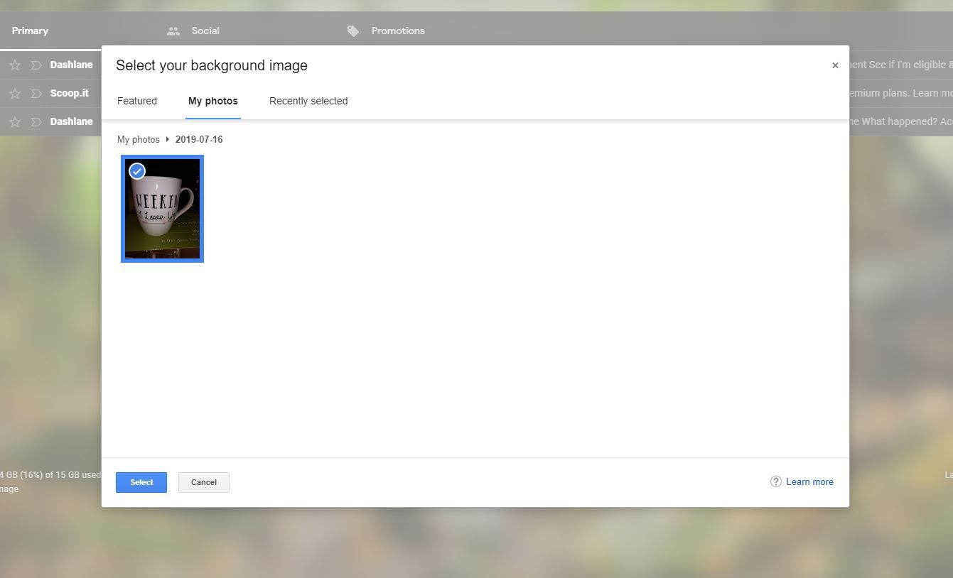 Снимок экрана использования моих фотографий в темах Gmail