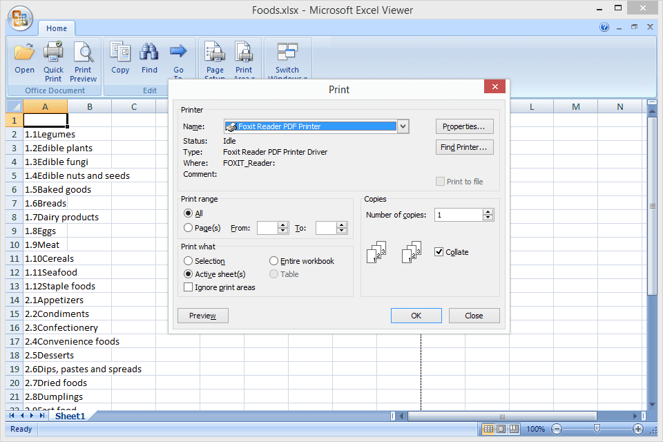 Снимок экрана PDF-принтера, используемого с Microsoft Excel Viewer