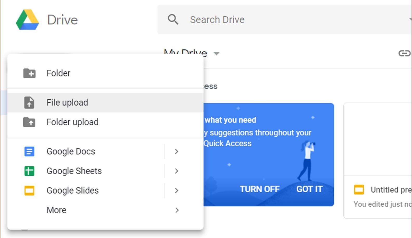 Google Drive показывает меню выбора.