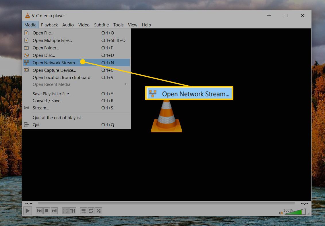 Открыть сетевой поток в VLC на скриншоте Windows