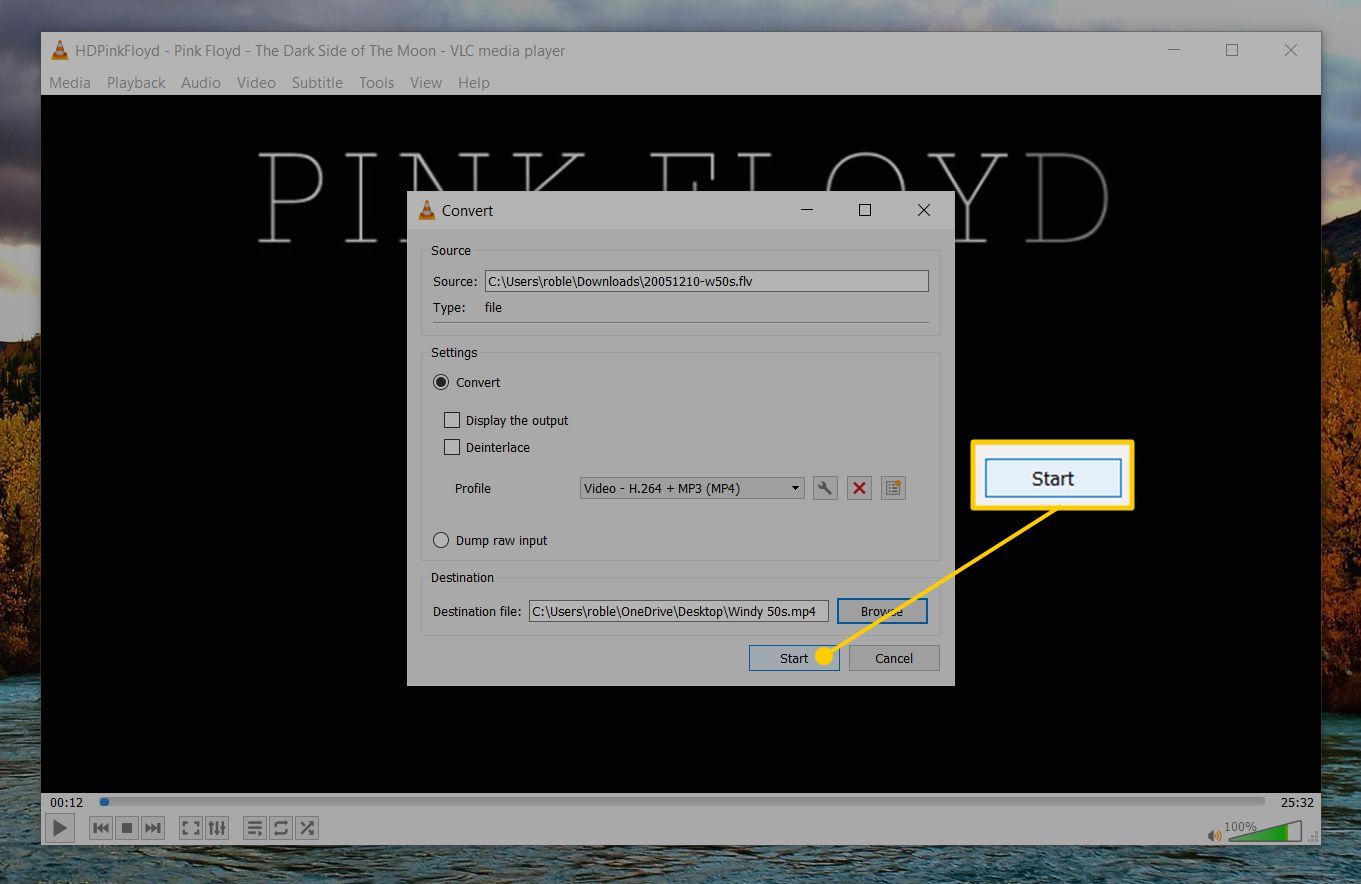 Кнопка запуска в VLC's Convert dialog screenshot