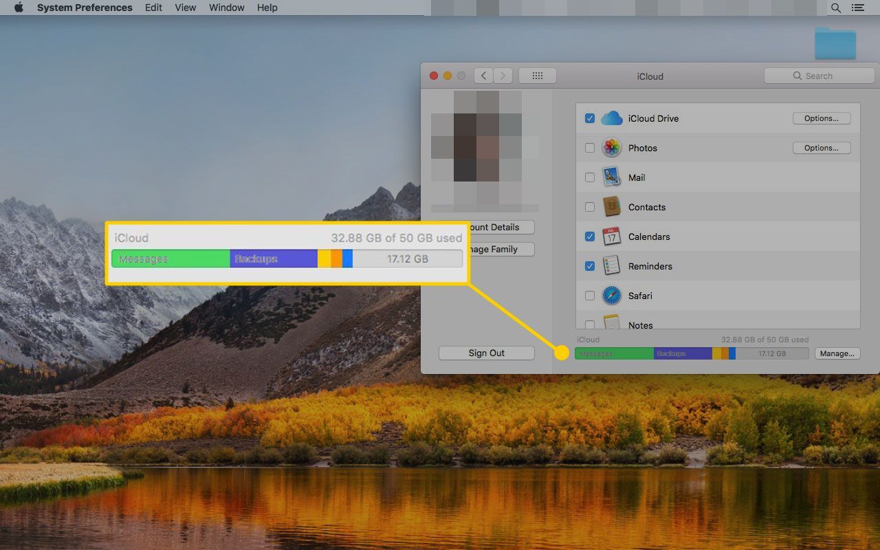 Настройки iCloud на Mac с выделенным графиком хранения iCloud