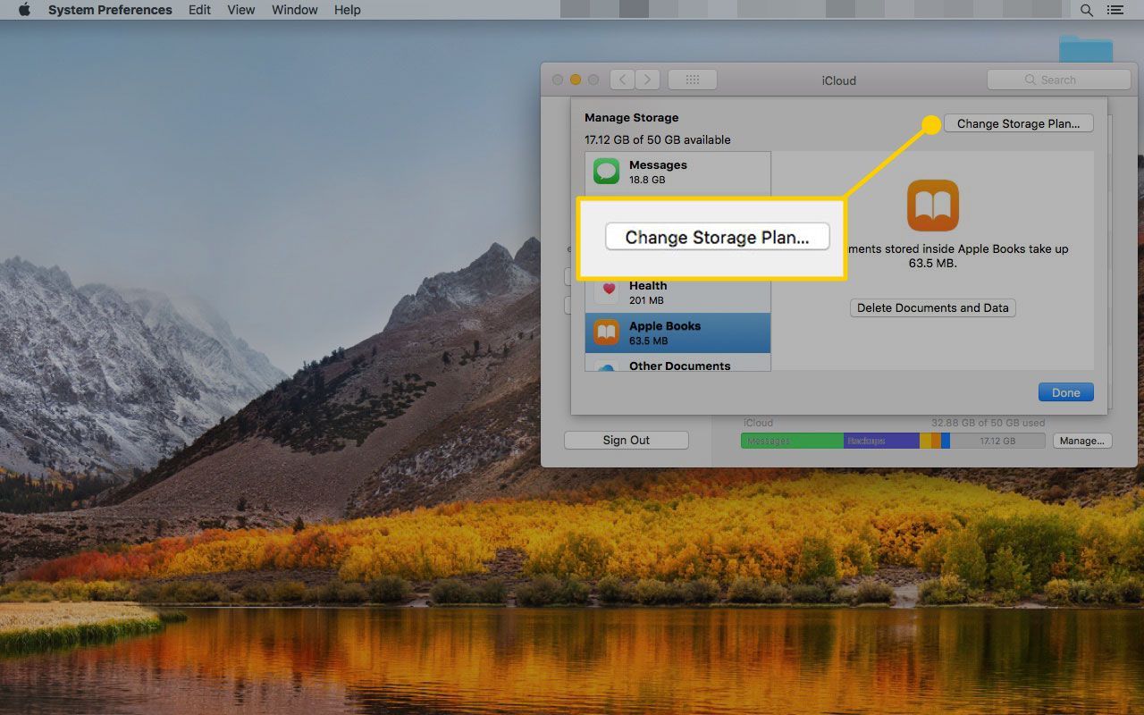 Настройки iCloud на Mac с выделенной кнопкой «Изменить план хранения»