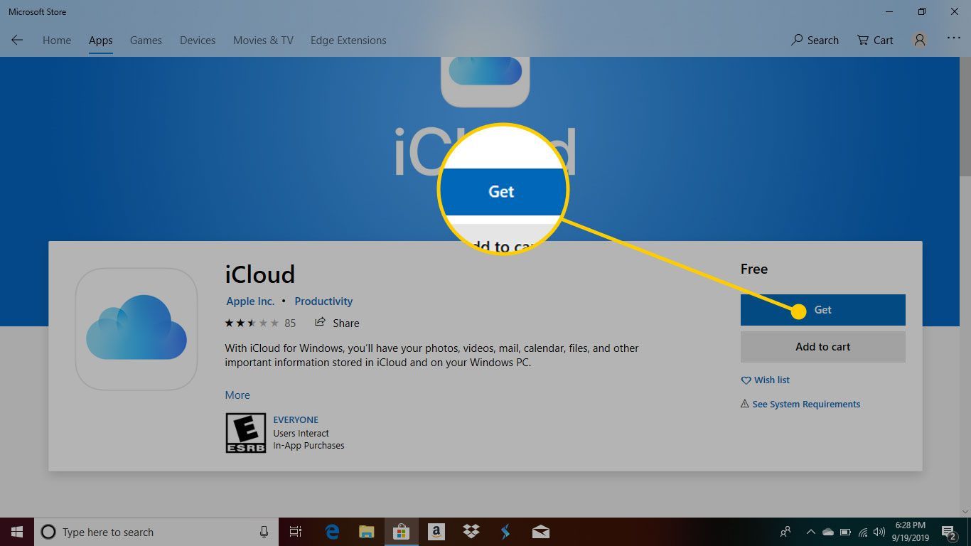 Страница iCloud в Магазине Microsoft с выделенной кнопкой «Получить»