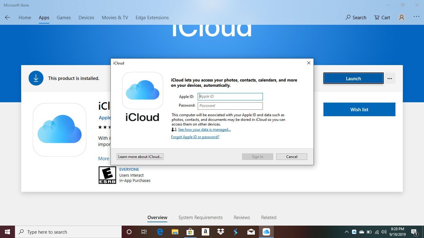 iCloud в Windows с открытым экраном входа Apple ID