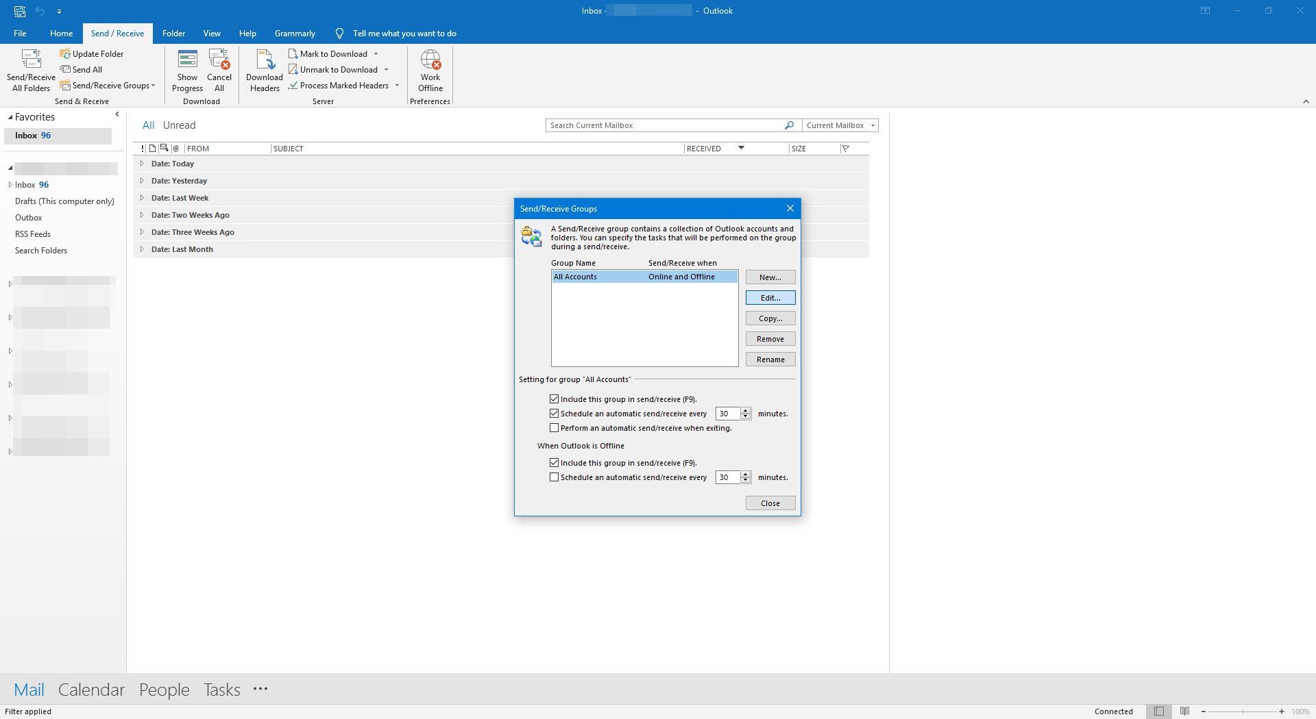 Выбор редактирования в группах отправки и приема в Outlook.