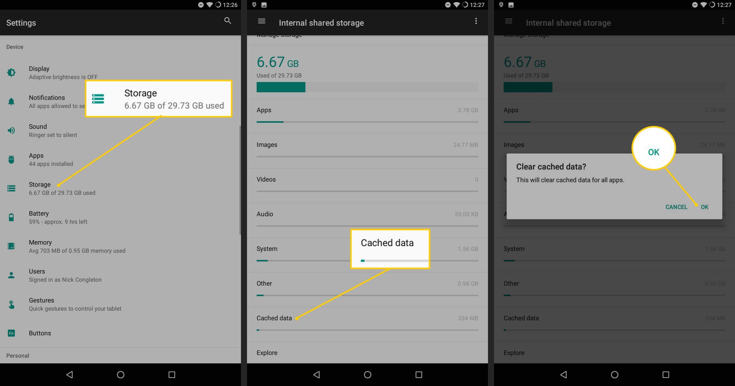 Хранение, Кэшированные данные и кнопка ОК в настройках Android