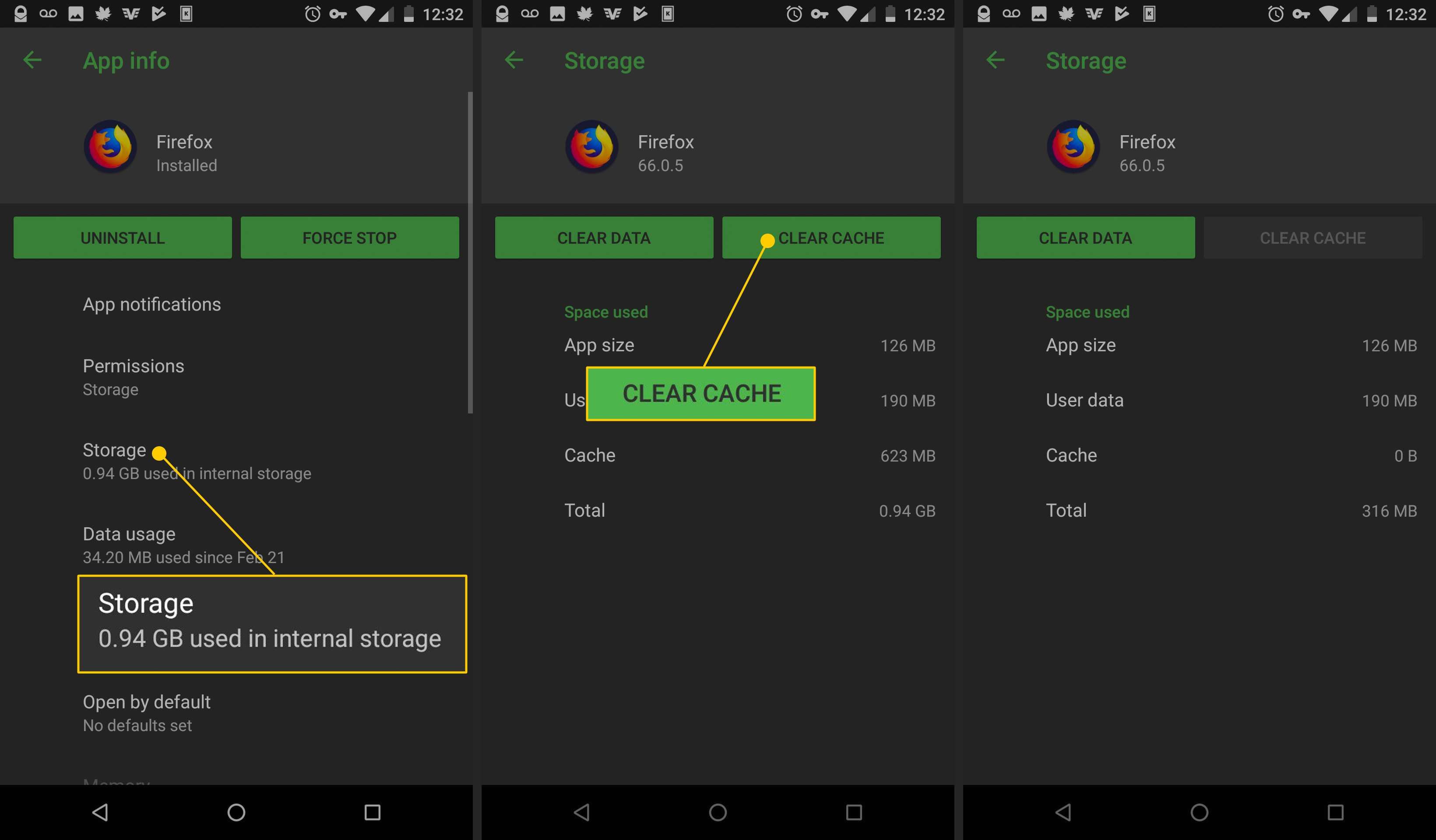 Хранение, Очистить кэш кнопки на Android