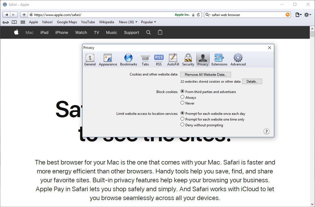 Снимок экрана, показывающий, где найти файлы cookie в Safari