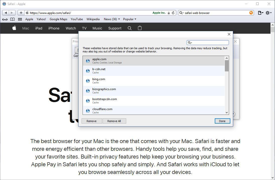 Снимок экрана, показывающий, как очистить файлы cookie для сайта в веб-браузере Safari