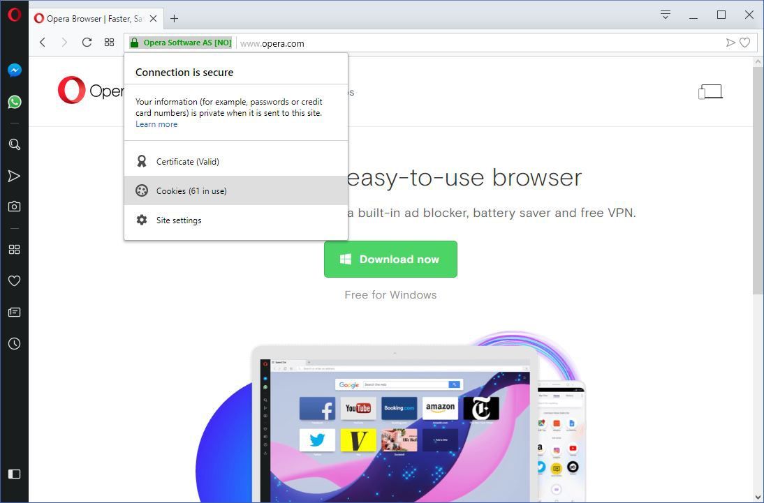 Снимок экрана, показывающий, как найти файлы cookie для одного сайта в браузере Opera