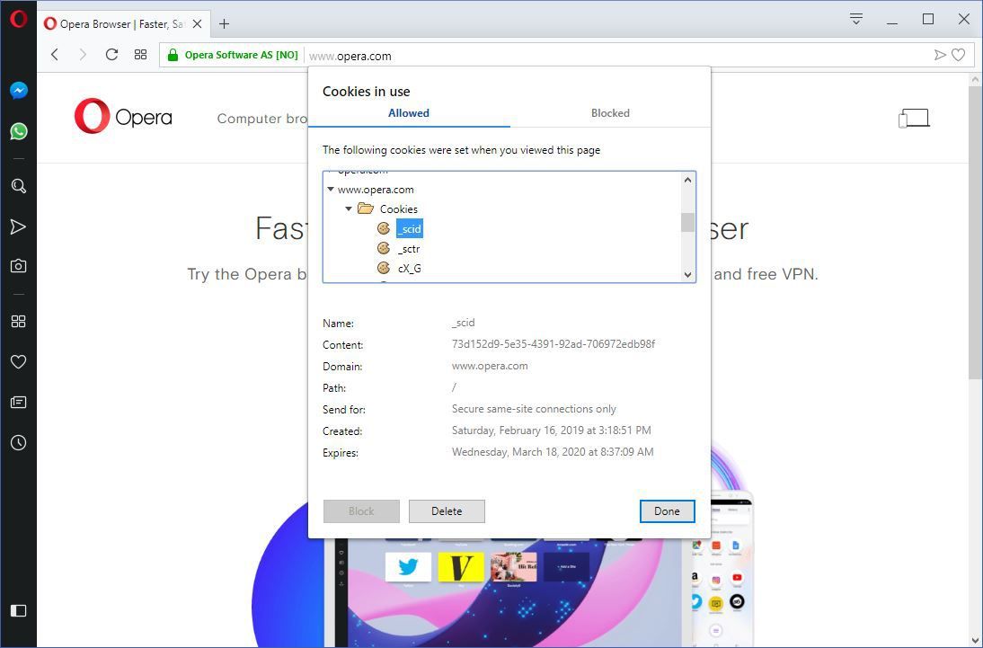 Снимок экрана, показывающий, как очистить куки для одного сайта в браузере Opera