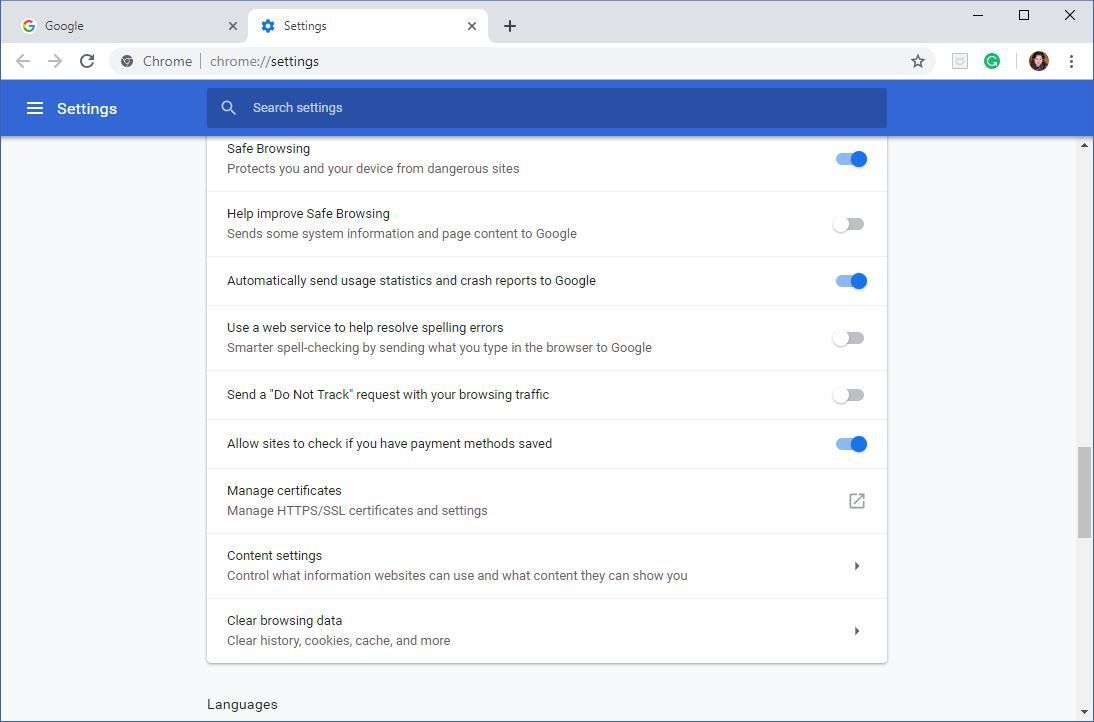 Снимок экрана, показывающий, где можно найти настройки конфиденциальности и безопасности для очистки файлов cookie для одного сайта в Chrome