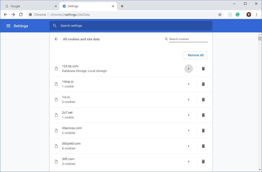 Снимок экрана со списком файлов cookie, хранящихся в кеше Google Chrome