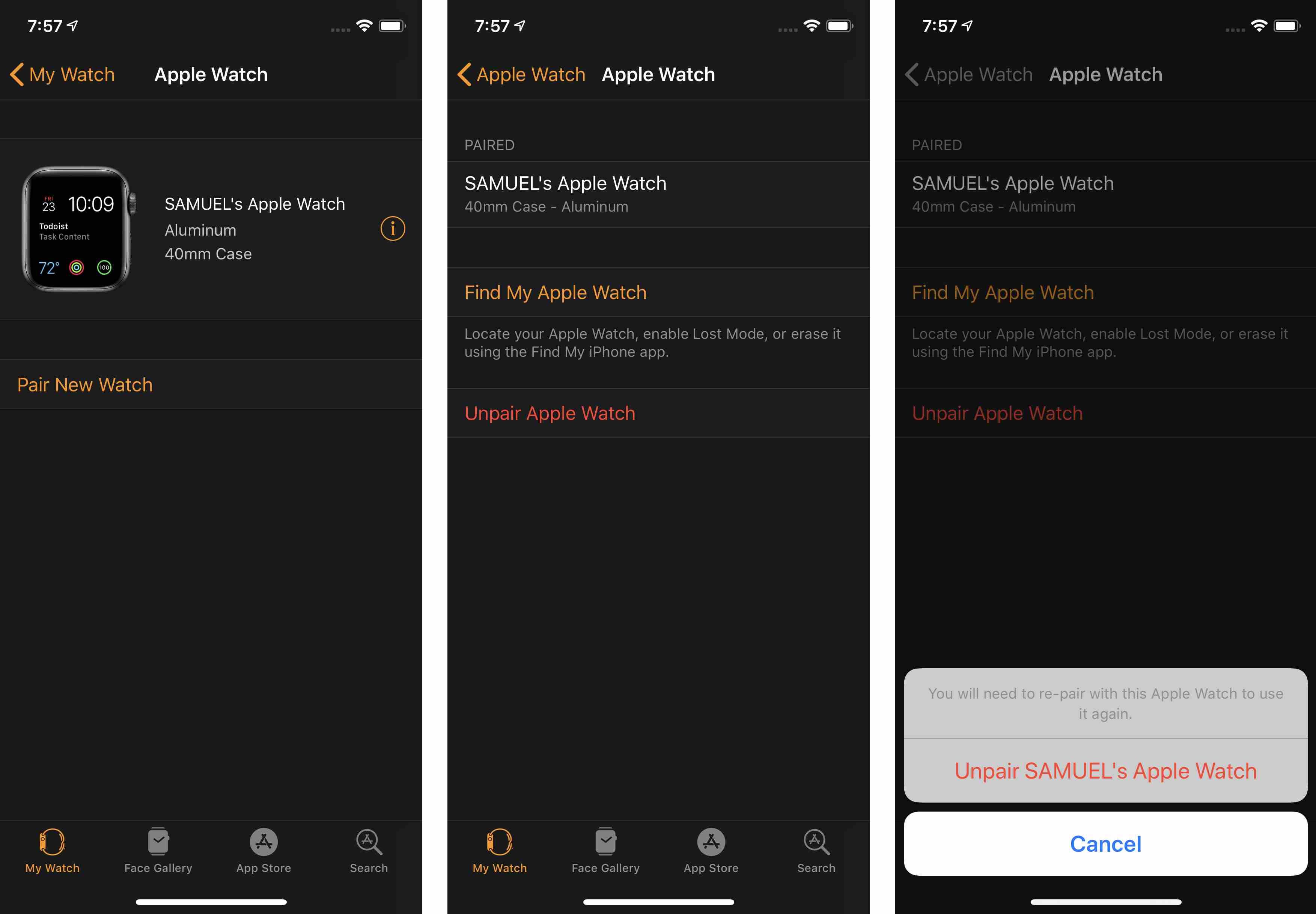 скриншоты неспаренных яблочных часов на iphone