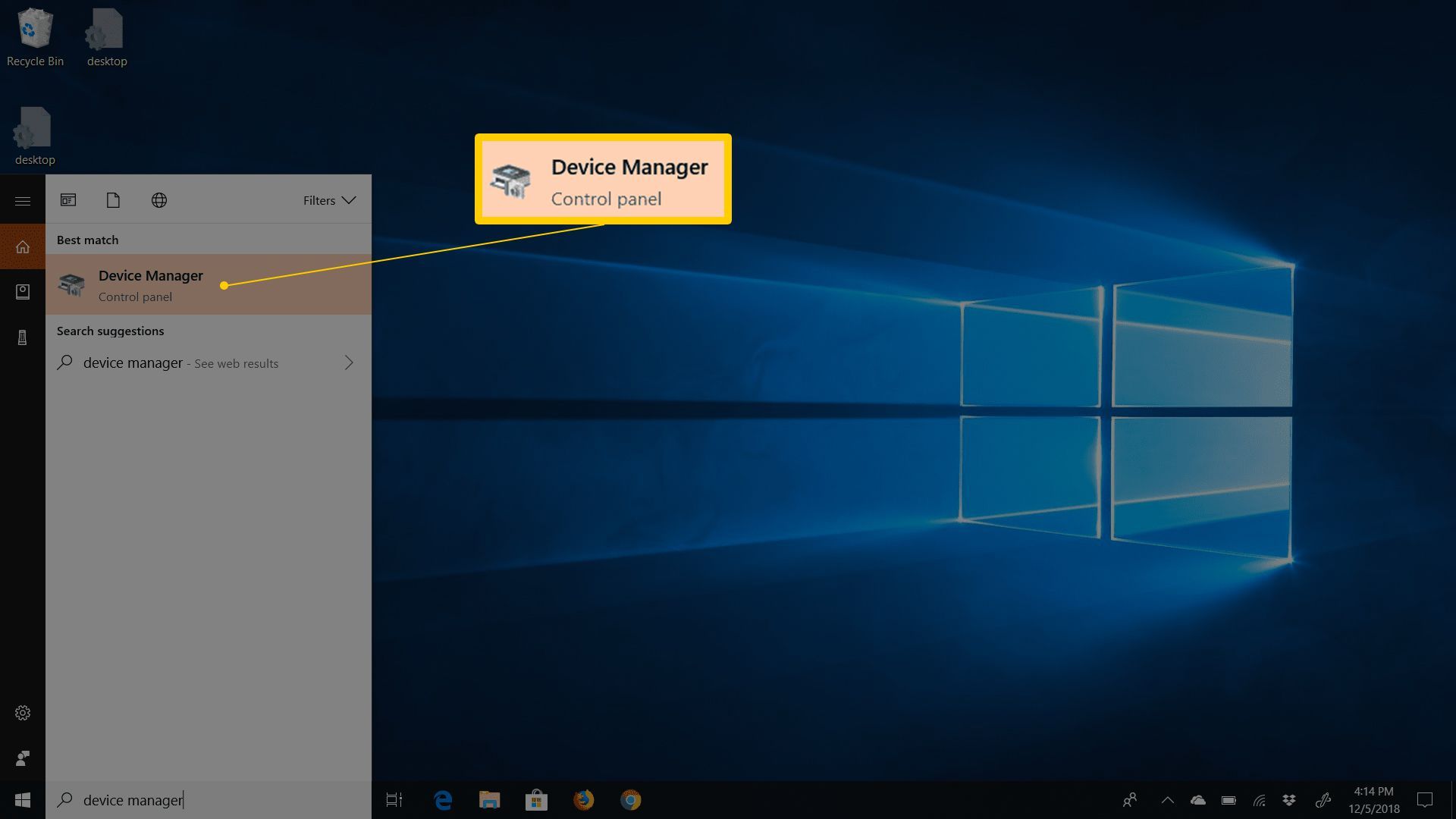 Диспетчер устройств в меню «Пуск» в Windows 10