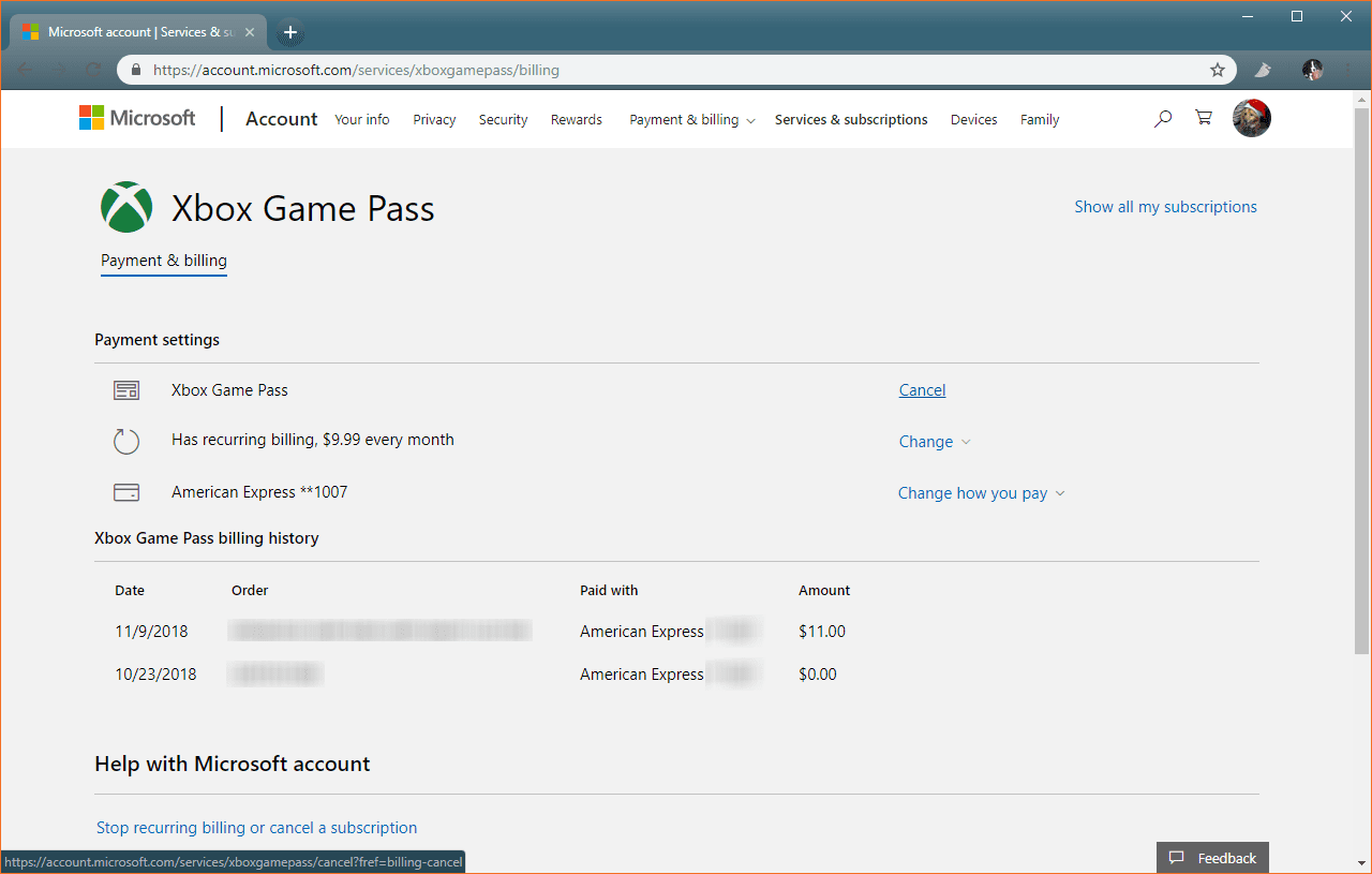 Страница управления Xbox Game Pass.