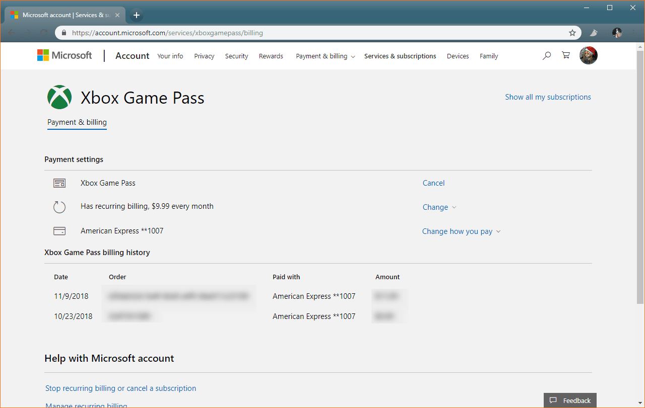 Страница управления Xbox Game Pass