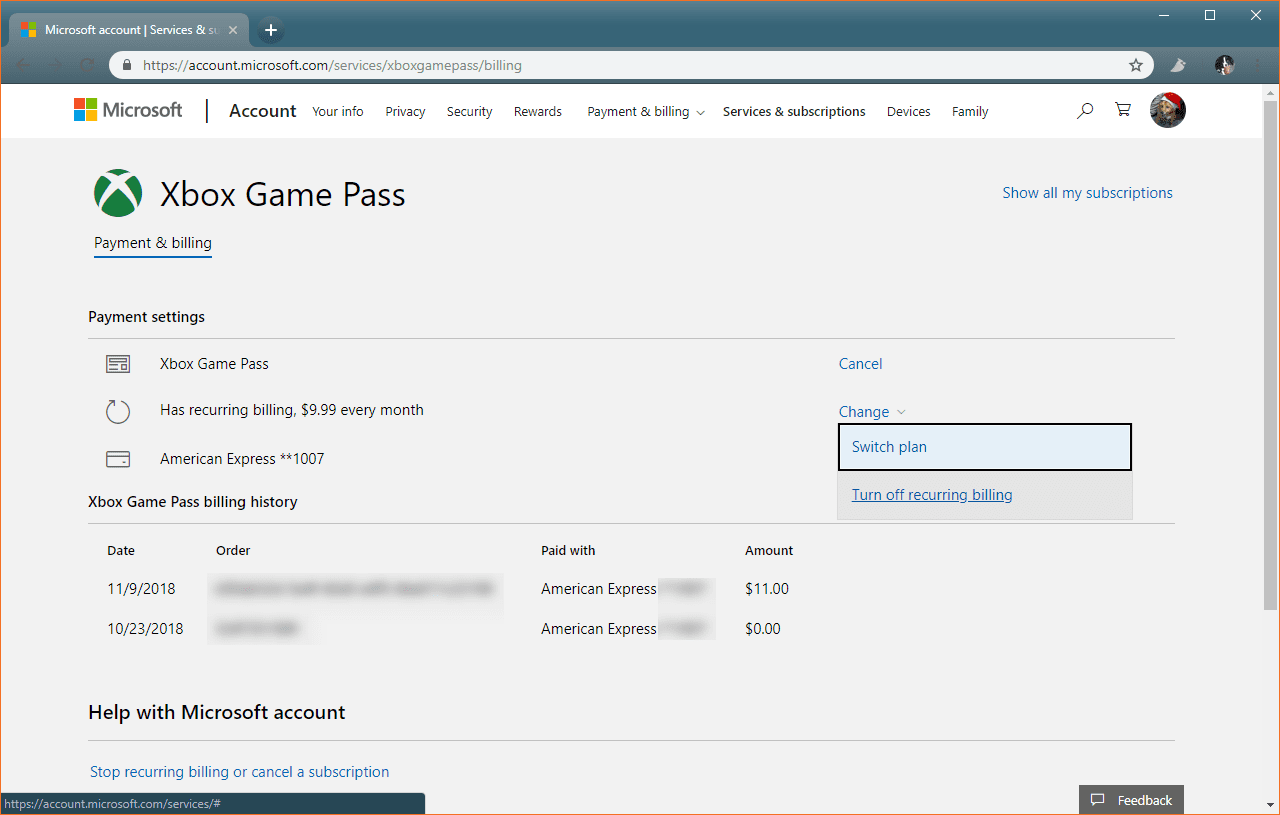 Параметры изменения подписки на Xbox Game Pass