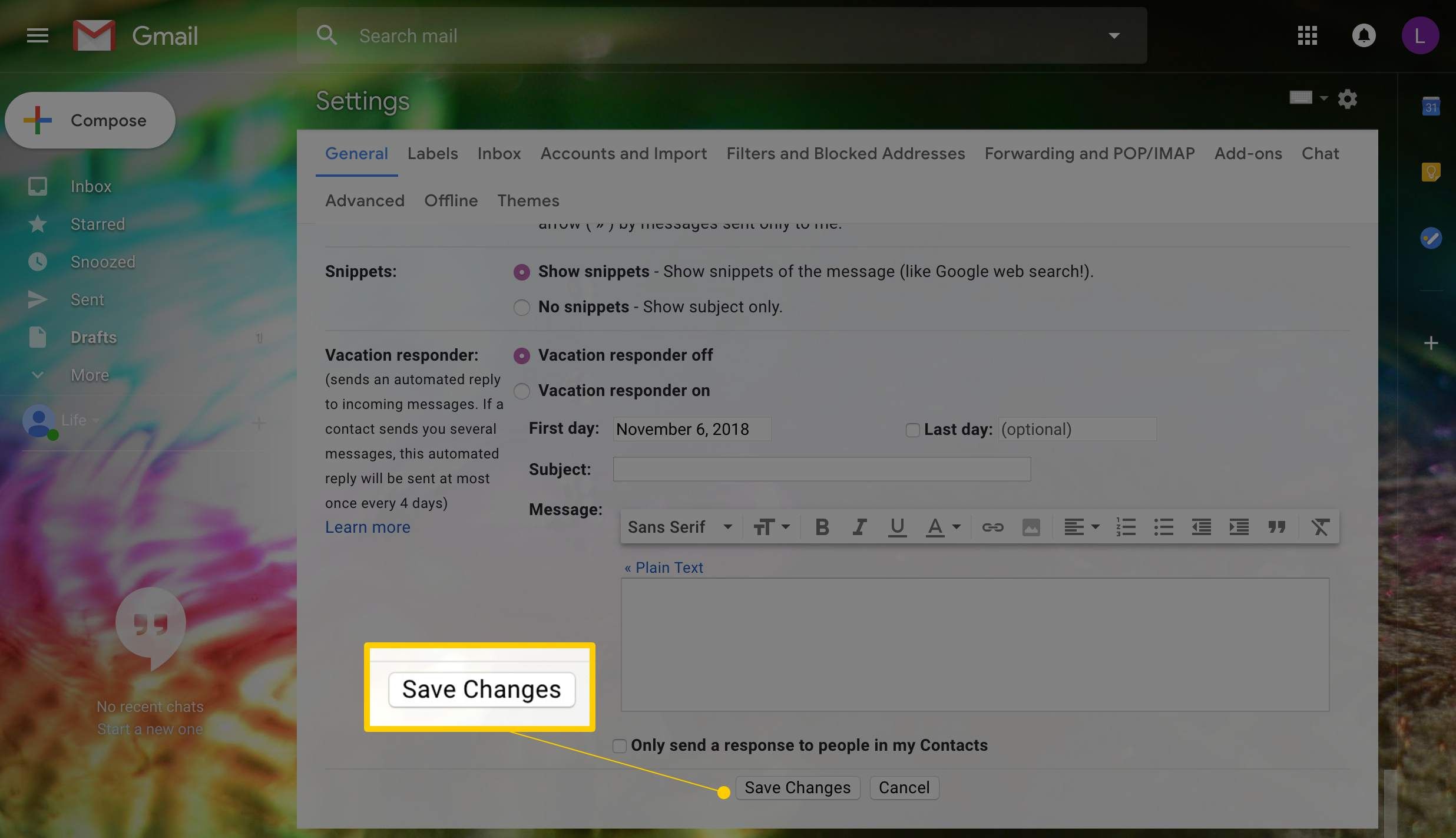 Кнопка Сохранить изменения для настроек Gmail