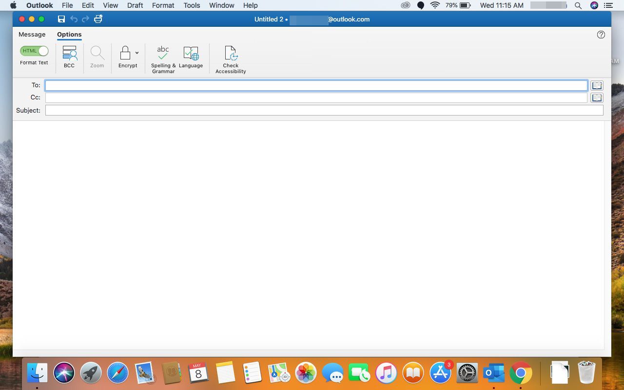 Просмотр вкладки параметров в Outlook для Mac.