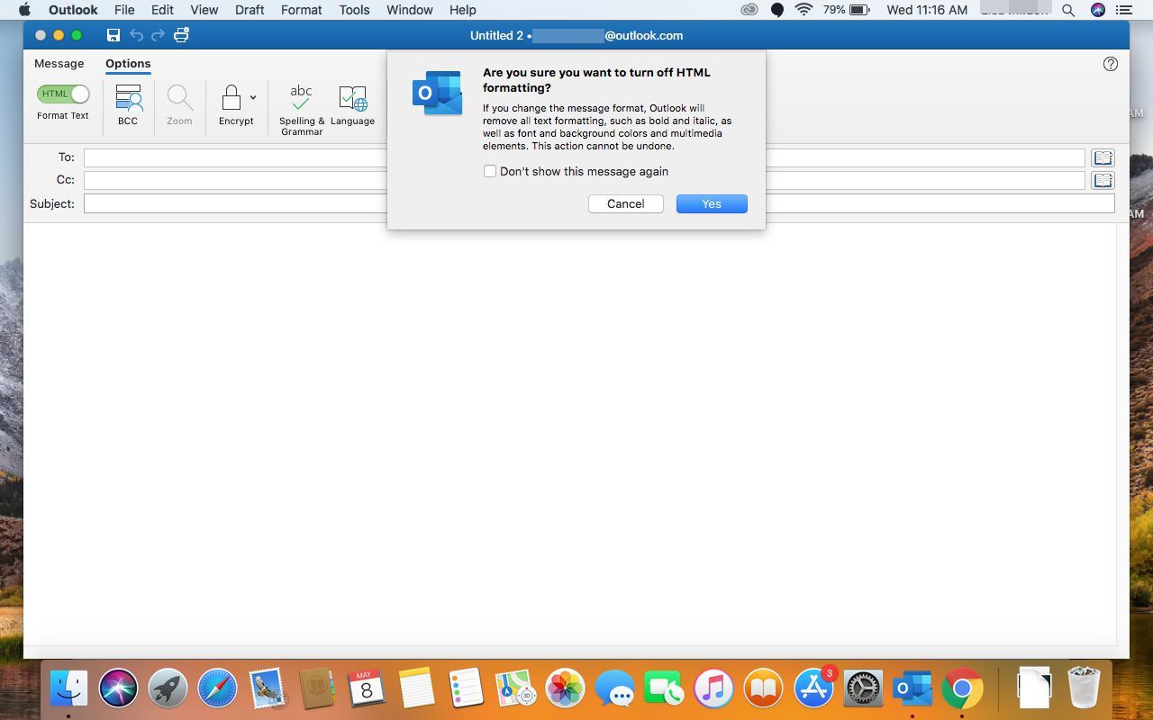 Предупреждение о переходе на обычный текст в Outlook для Mac.
