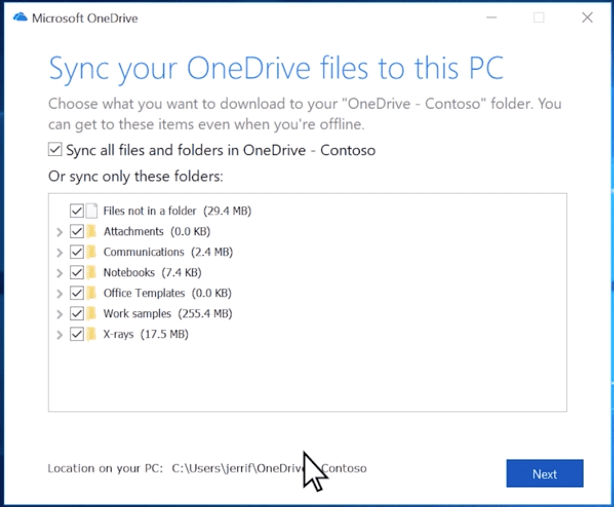 Скриншоты выбора папок для настройки OneDrive в Windows.