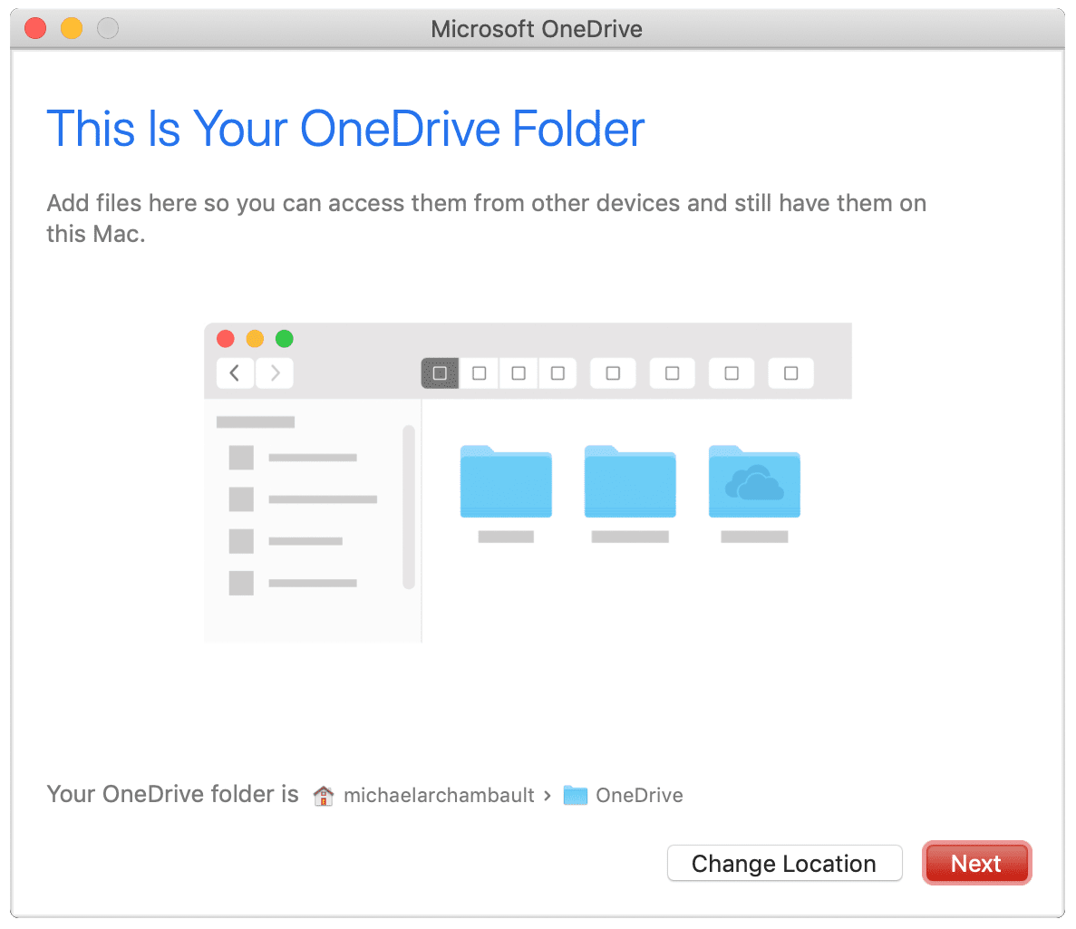 Снимок экрана, показывающий настройку OneDrive на компьютере Mac.