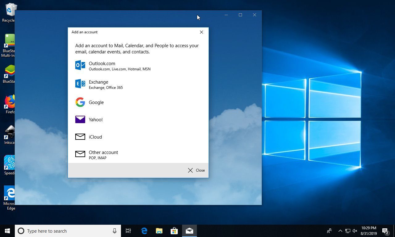 Windows 10 Mail выберите тип учетной записи