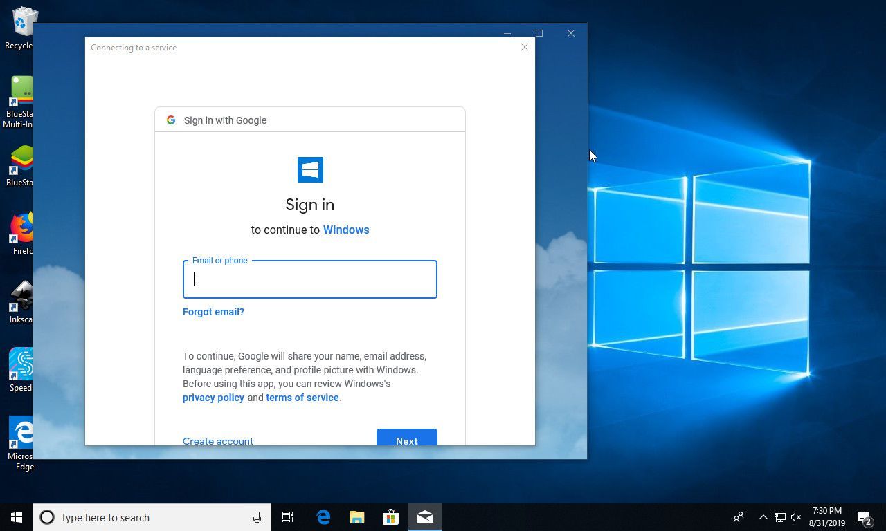 Вход в Windows 10 Mail