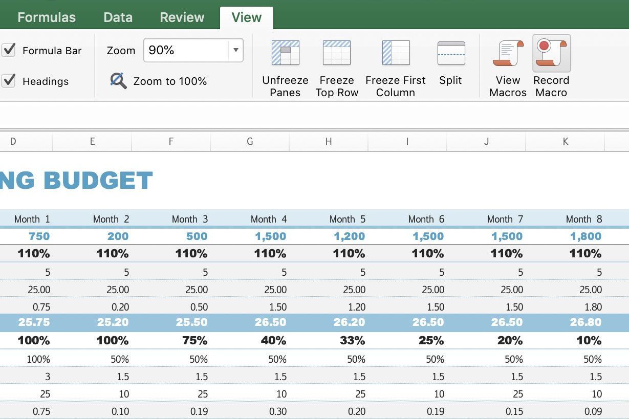 Снимок экрана Excel с кнопками макросов