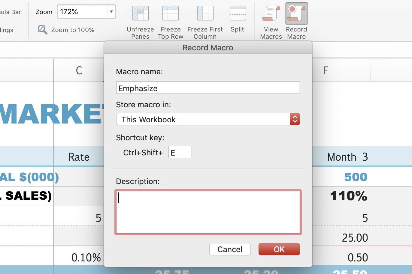 Снимок экрана Excel, показывающий запись макроса