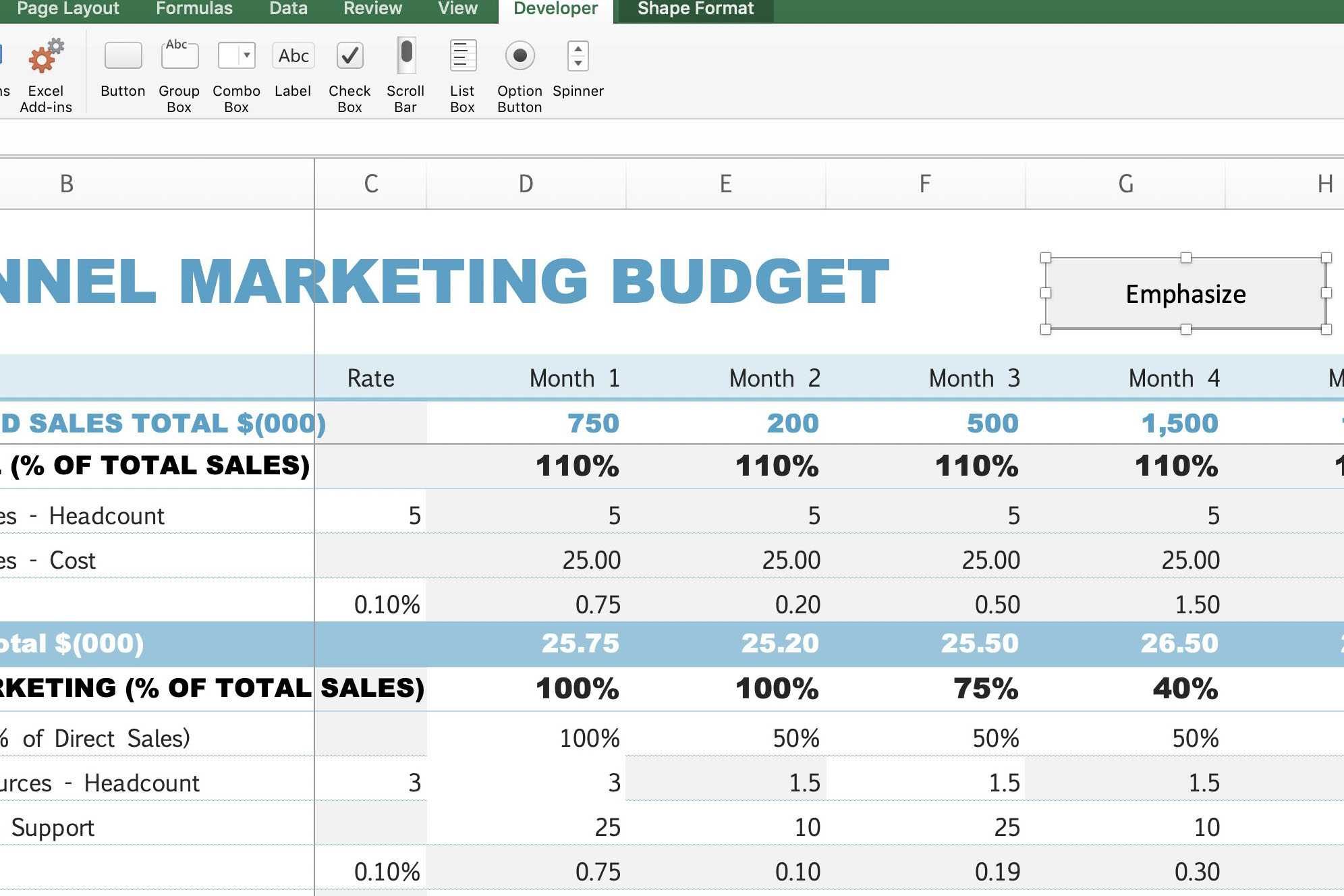 Снимок экрана Excel с кнопкой макроса