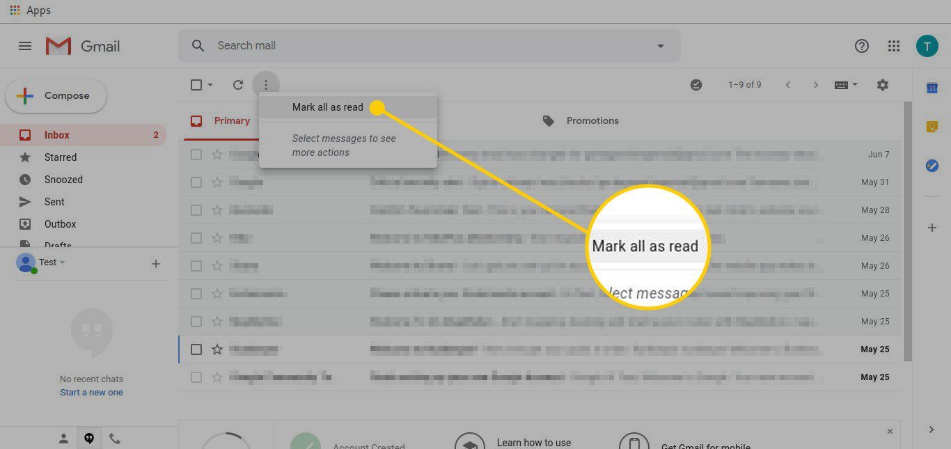 Входящие в Gmail с выделенной опцией Пометить все как прочитанное