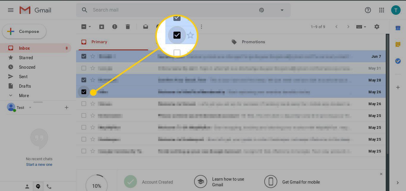 Входящие Gmail с выделенным полем выбора