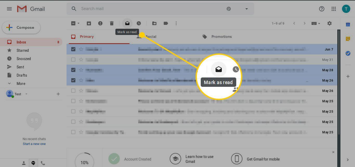 Входящие в Gmail с выделенной кнопкой Пометить как прочитанное