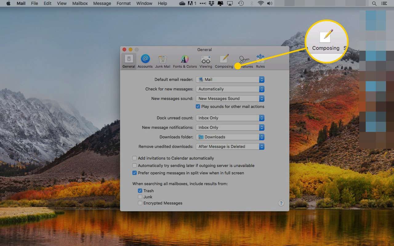 Настройки в macOS Mail с выделенной вкладкой «Создание»