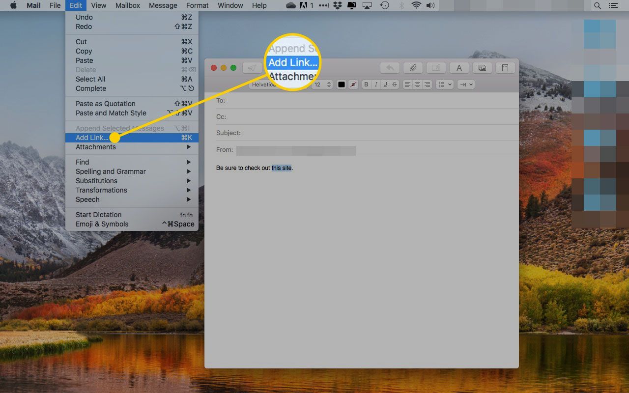 Параметр «Добавить ссылку» в меню «Правка» в MacOS Mail
