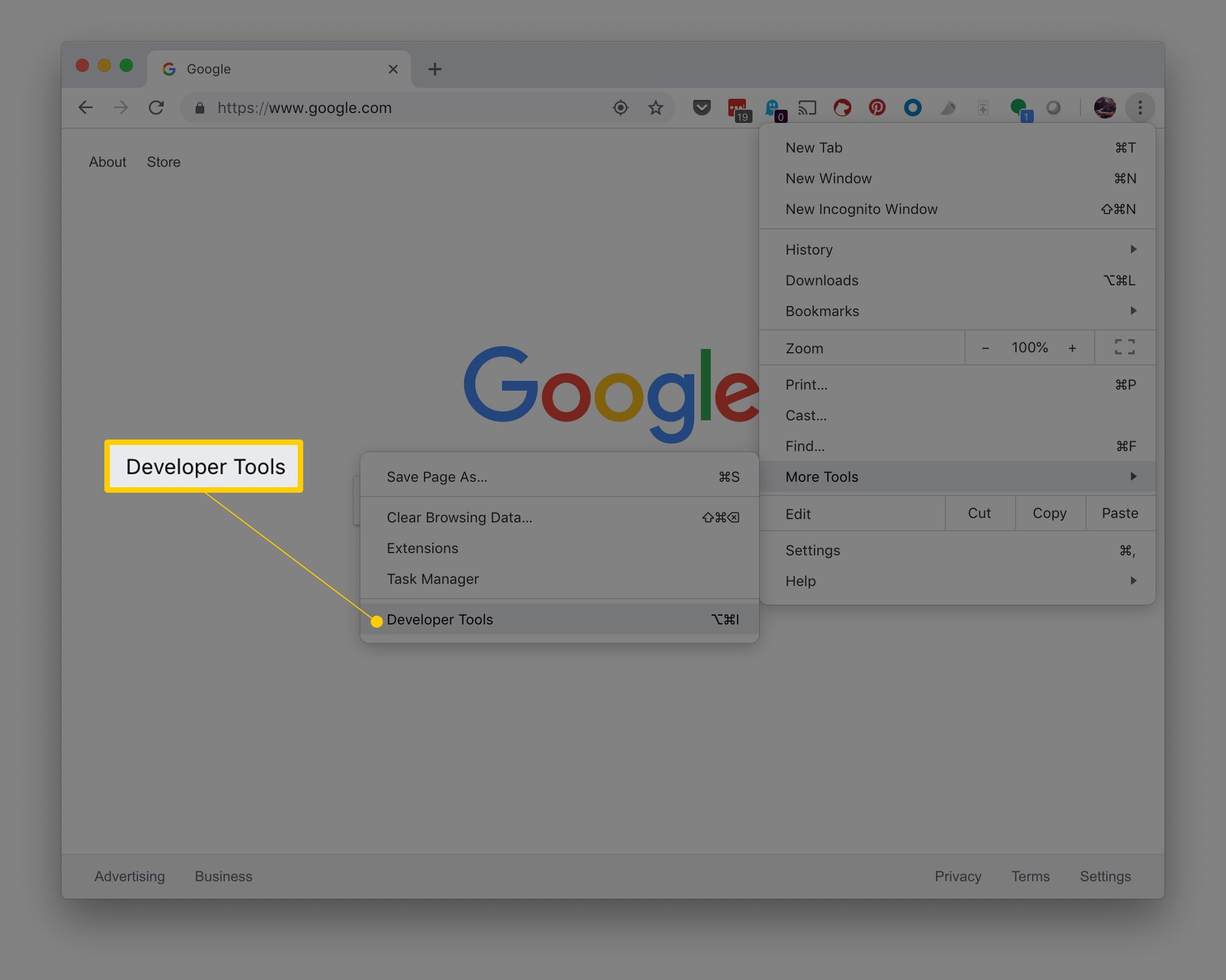 Пункт меню инструментов разработчика в Google Chrome