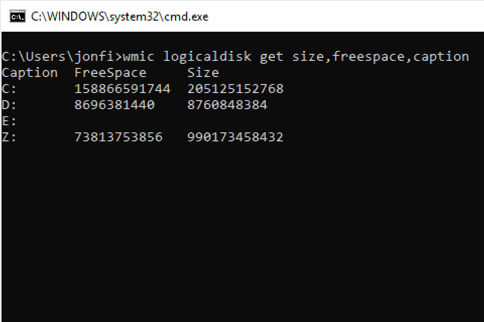 Wmic LogicalDisk получить размер, свободное пространство, команду заголовка в Windows 10